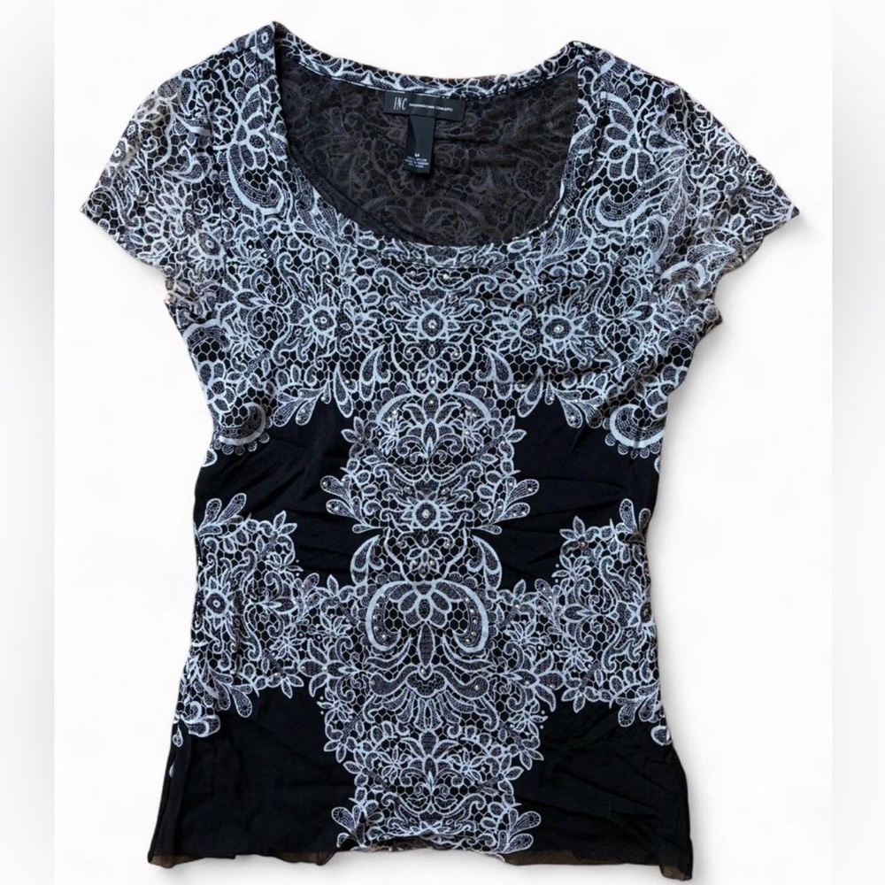 INC mesh sequin rhinestone beaded Y2K M nylon night out blouse sexy party